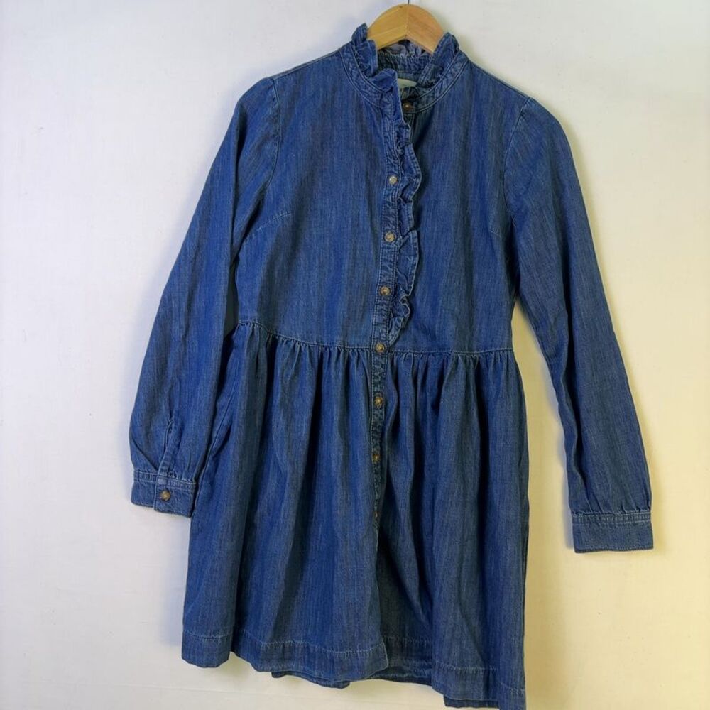 Denim Ruffle-Front Long Sleeve Dress — Blue